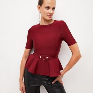 Karen Millen Deep Red Belted Peplum Top